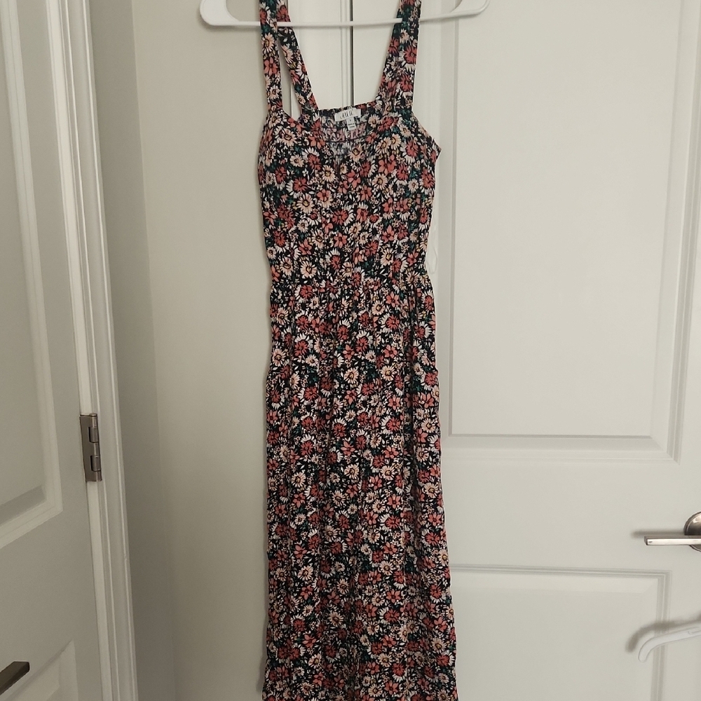 AUW Womens Black Pink Dainty Floral Sleeveless Smocked Swing Dress NWT